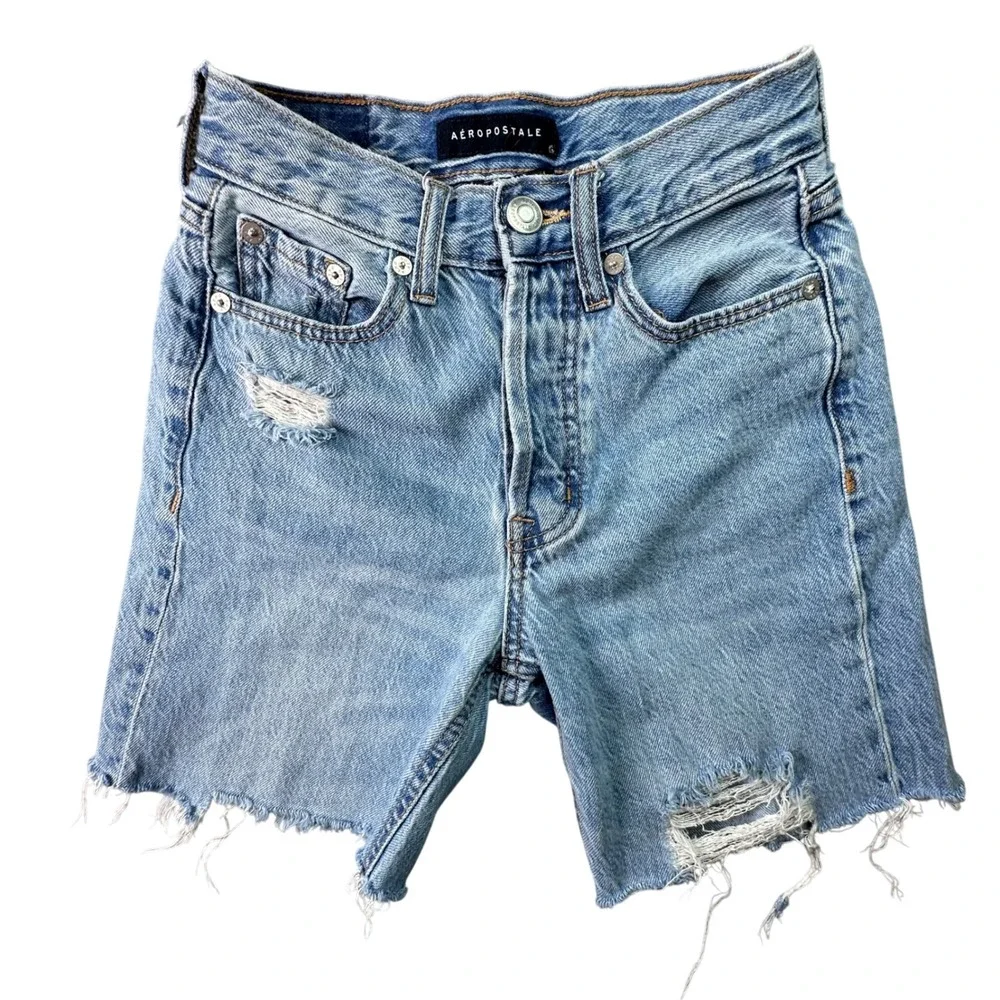 Aeropostale 90s Baggy High Rise Distressed Denim Shorts Size 000 Light Wash Blue